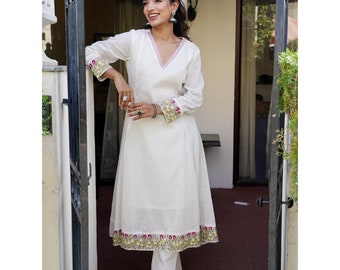 White pure cotton embroidered kurta set best seller KURTA set with multicolored embroidery