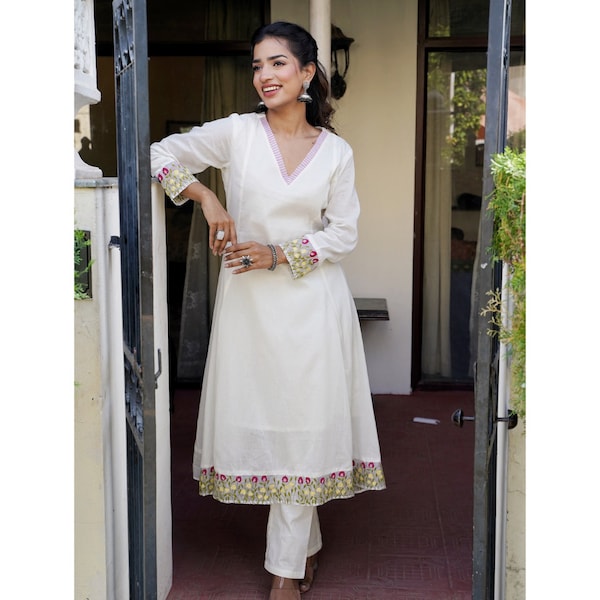White pure cotton embroidered kurta set best seller KURTA set with multicolored embroidery