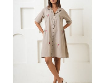 Robe courte brodée en coton bio, robe chemise en pur coton, robe décontractée personnalisable au quotidien, robe western pour femme, cadeau Saint-Valentin