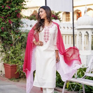 Pure Cotton white kurta set with embroidery and tie dye dupatta shaded dupatta ombre dye pink detailing's kurta with pant and dupatta image 5