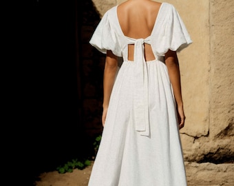 Robe blanche en coton bio avec noeud dans le dos - robe-robe blanche personnalisable en pur coton pour femme - tissu naturel - robe décontractée de tous les jours