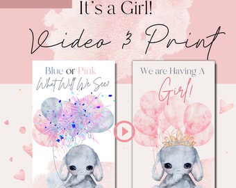 Op de afbeelding: Een gender reveal-video en een printbare kaart met een aquarel-illustratie van een grijze olifant die roze ballonnen vasthoudt. De tekst op de kaart luidt "We are Having A Girl!"