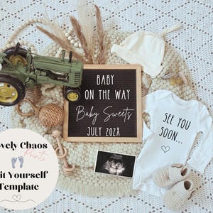 Zwangerschapsaankondiging groene tractor | John Deere Baby Reveal | Canvassjabloon met boerderijthema | Digitaal bewerkbaar afdrukbaar