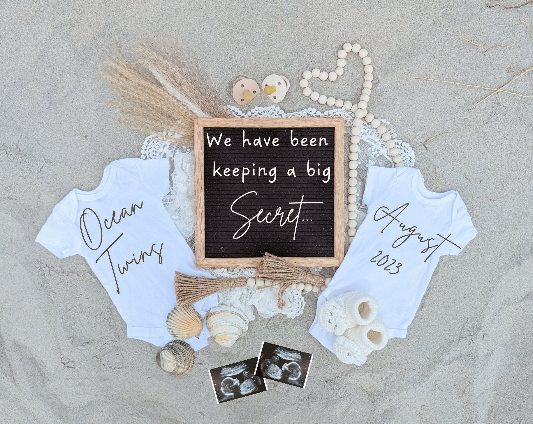 Twin Pregnancy Reveal  | Summer |Twin Beach Pregnancy Announcement  | Ocean| Beach| Sand| Neutral Twin Baby Announcement | Twin Announce