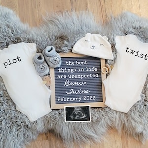 Gray Twin Pregnancy Announcement Surprise Twins Unexpected Twin Pregnancy Plot Twist Neutral Twin Baby Announcement Twin Reveal image 1