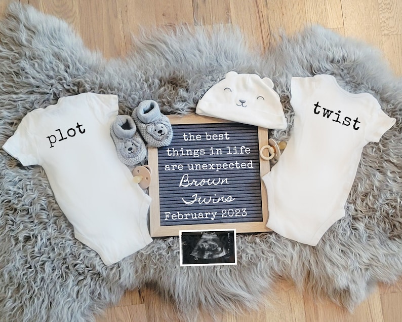 Gray Twin Pregnancy Announcement Surprise Twins Unexpected Twin Pregnancy Plot Twist Neutral Twin Baby Announcement Twin Reveal image 1