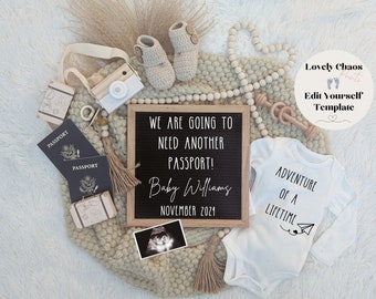 Travel Theme Pregnancy Announcement: Passport, Luggage (Digital)