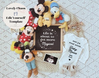 Revelação do bebê Fab Five | Mickey Minnie Donald Pateta Pluto | Modelo de anúncio digital de gravidez Canva | Anúncio instantâneo de gravidez