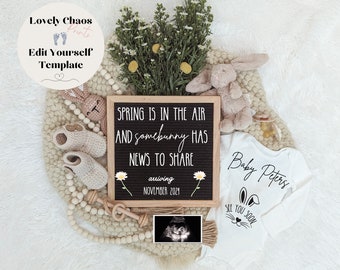 May include: A white onesie with the text "Baby Peters" and a bunny rabbit graphic. The onesie is on a white fuzzy surface with a letter board that says "Spring is in the air and somebunny has news to share arriving November 2021".