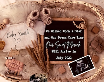 May include: A wicker basket holds baby items, including a knitted sweater with "Baby Smith" and a heart, booties, and a sign that reads "We Wished Upon a Star and Our Dream Came True Our Sweet Miracle Will Arrive in July 2022".