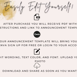 Peut inclure: Un graphique avec le texte "Easily Edit Yourself!" et des instructions sur la fa&ccedil;on de modifier un mod&egrave;le d'annonce Canva. Les &eacute;tapes comprennent le t&eacute;l&eacute;chargement d'un PDF avec des instructions et un lien vers le mod&egrave;le, l'inscription &agrave; Canva ou la connexion &agrave; votre compte, la modification du libell&eacute;, de la couleur du texte et de la police, le t&eacute;l&eacute;chargement d'une photo et le t&eacute;l&eacute;chargement et le partage de l'annonce.