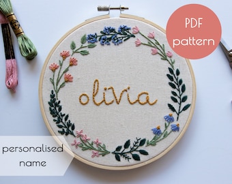 Personalised Name Embroidery Pattern – Digital Download - PDF pattern - floral embroidery - baby name - nursery art - custom name