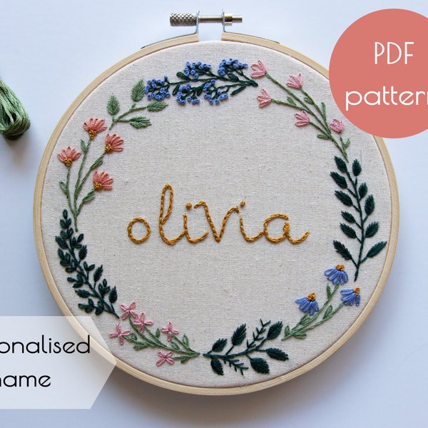 Personalised Name Embroidery Pattern – Digital Download - PDF pattern - floral embroidery - baby name - nursery art - custom name