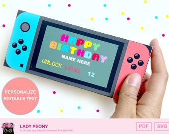 Switch presentask DIY: Gamer födelsedagsfest, utskrivbart konstkit (direkt nedladdning)