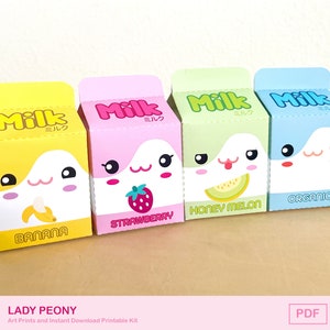 Boîte de gâteries en carton de lait Kawaii | Boîte à cadeaux parfaite pour une fête d'anniversaire, une fête d'anniversaire | Modèle imprimable à téléchargement immédiat