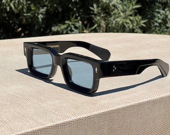 Handmade Black Acetate Glasses with Blue Polarized Lenses and Custom Hinges