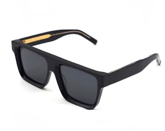 John Faris Hand-Made Black Square Italian Mazzucchelli Acetate Glasses with Gold-Plated Temples, 5-Barrel Hinge and Grey Polarized Lenses