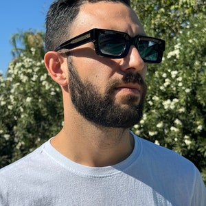 John Faris Hand-Made Black Italian Mazzucchelli Acetate Sunglasses w/Gold-Plated Temples & 5-Barrel Hinge: Light Blue or Grey Polarized Lens