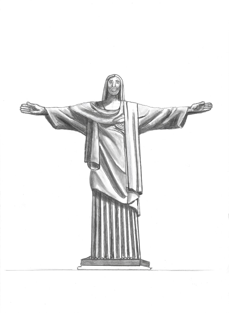Christ the Redeemer Statue Drawing Christ Drawing Print Etsy