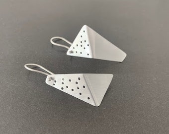 Modern architectural folded perforated sterling silver dangle earrings