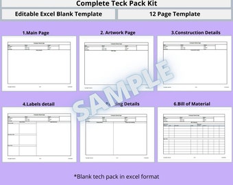Complete Teck Pack Template Kit for apparel industry; Fashion Design Template; Tech Pack Excel Template; 12 Pages