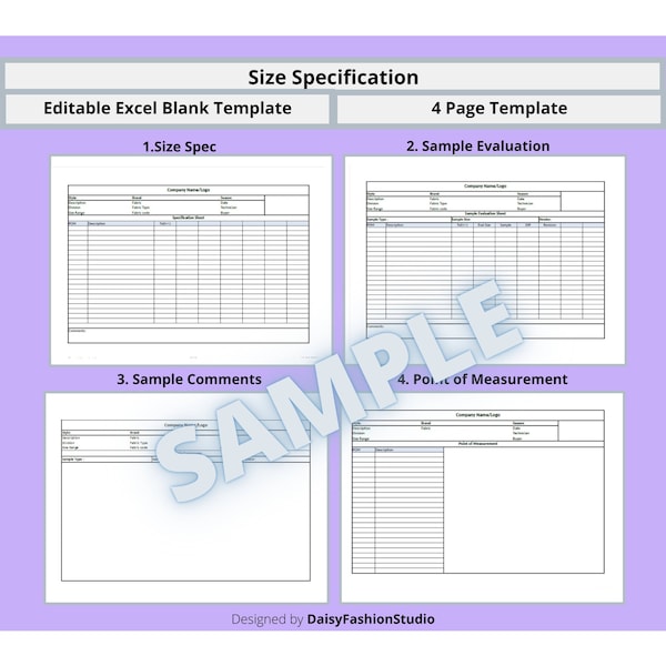 Size Specification Template for apparel;  Size Spec in Excel format; Fashion Spec sheet template