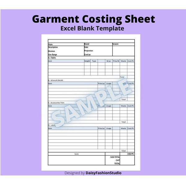 Garment Costing Sheet Template; Excel Cost sheet Template for Apparel; Fashion Cost template