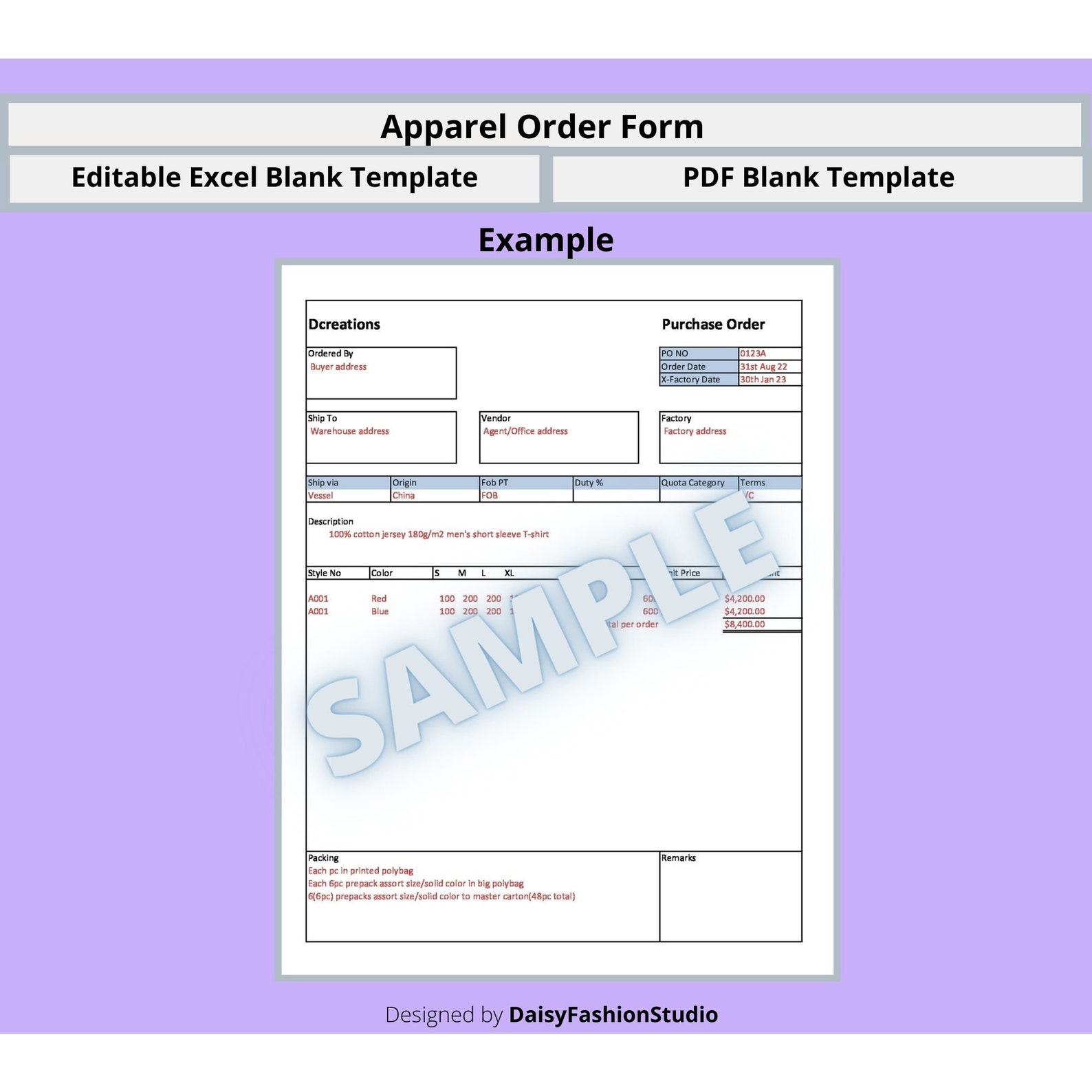 Apparel Order Form Template; Garment Order Form Excel Template ...