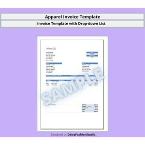 May include: A blue and white invoice template with the text "Apparel Invoice Template" and "Invoice Template with Drop-down List". The template includes fields for company name, address, contact information, and invoice details.