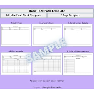 Basic Teck Pack Template Kit for apparel industry; Fashion Design Template; Tech Pack Excel Template; 6 Pages