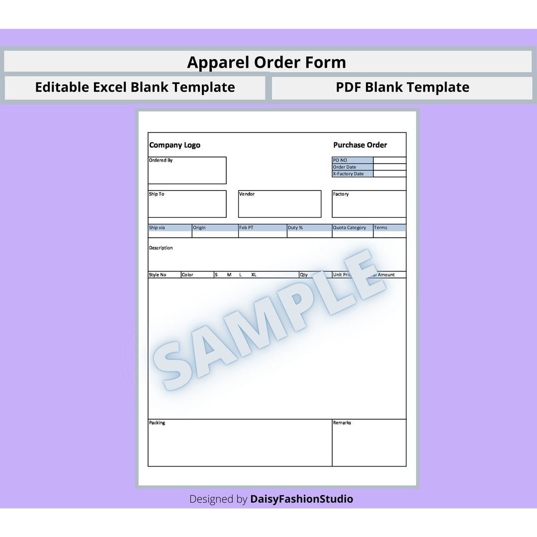 Apparel Order Form Template Garment Order Form Excel Template