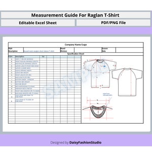 May include: A measurement guide for a raglan t-shirt with a detailed diagram showing different measurements for the garment. The guide includes a table for recording measurements and a section for company name and logo.