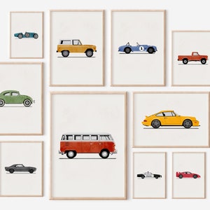 Set of 10 Vintage Vehicle Prints, Boys Room Decor, Vintage Vehicle Collection, Original Retro Car Art, Transportation Watercolor Themed Art