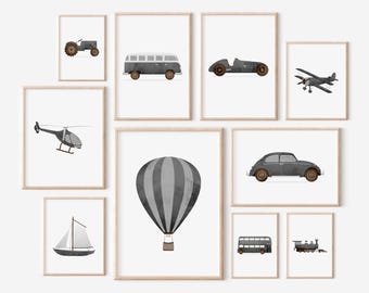 Impressions de transport vintage noir, décoration de chambre de garçons, art mural de chambre d'enfant vintage, art de voiture rétro original, décoration de chambre d'enfant de transport