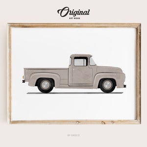 Taupe Beige Vintage Truck Print, Boys Room Decor, Vintage Vehicle Collection, Original Retro Car Art, Transportation Watercolor Themed Art