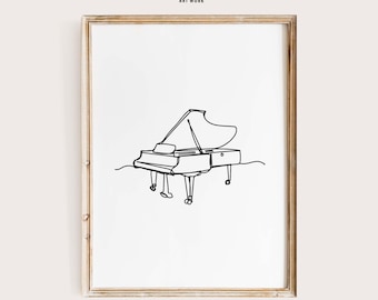 May include: A black and white line drawing of a grand piano. The piano is drawn in a single continuous line, creating a minimalist and elegant design.