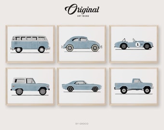 Set of 6 Baby Blue Vintage Vehicle Prints, Boys Room Decor, Vintage Vehicles, Original Retro Car Art, Transportation Watercolor Themed