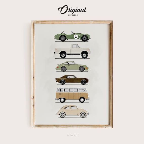 Retro Vintage Car Print, Boys Room Decor, Vintage Vehicle Collection, Original Retro Car Art, Transportation Watercolor Themed Art