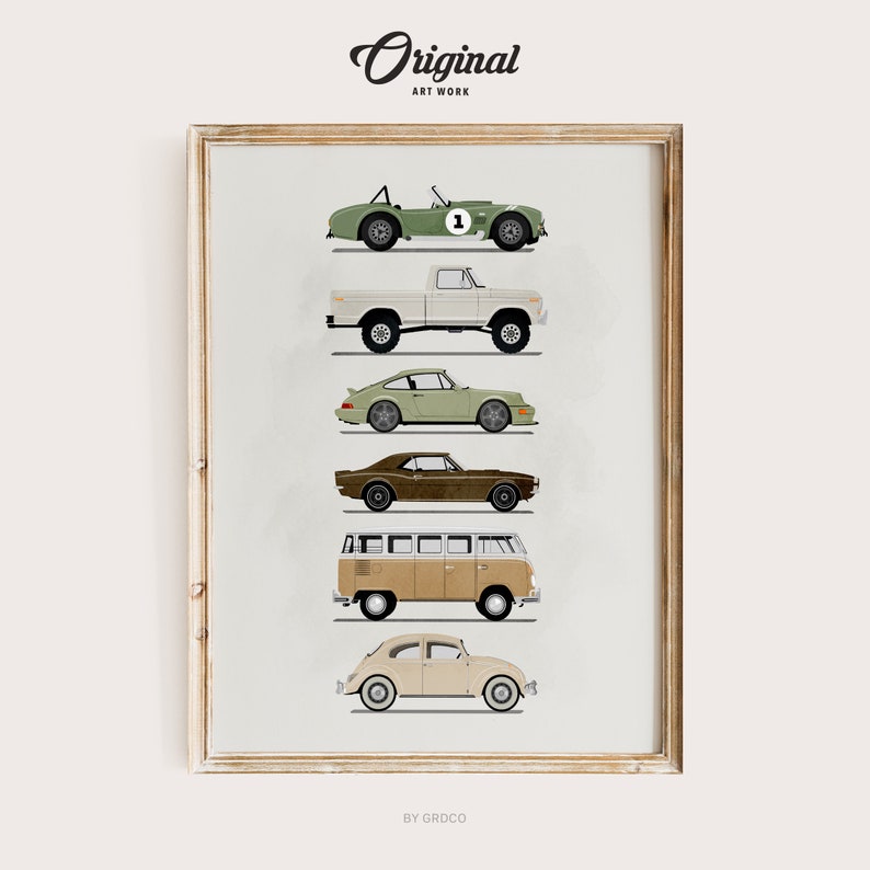 May include: A framed print of a vintage car collection. The print features six different cars, including a green sports car, a white pickup truck, a green sports car, a brown saloon, a tan van, and a beige beetle. The print is titled "Original Art Work" and is signed "By GRDCO".