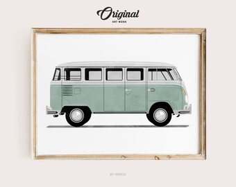 Sage Green Vintage Van Print, Boys Room Decor, Vintage Vehicle Collection, Original Retro Car Art, Transportation Watercolor Themed Art