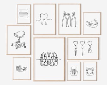 Op de afbeelding: Een set van negen zwart-witte lijntekeningen met tandheelkundige instrumenten, tanden en tandheelkundige apparatuur. De prints zijn ingelijst in een eenvoudige, moderne stijl.