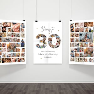 Può includere: Un poster bianco con un collage di foto che formano il numero 30. Il poster ha il testo "Cheers to 30" e "Join Us in Celebrating Jake's 30th Birthday 11.12.2023".