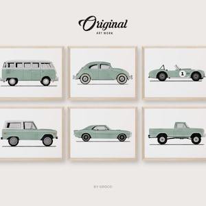 Set of 6 Sage Green Vintage Vehicle Prints, Boys Room Decor, Vintage Vehicles, Original Retro Car Art, Transportation Watercolor Themed