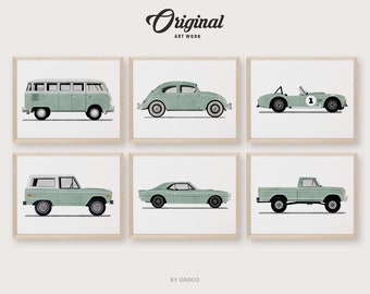 Set of 6 Sage Green Vintage Vehicle Prints, Boys Room Decor, Vintage Vehicles, Original Retro Car Art, Transportation Watercolor Themed