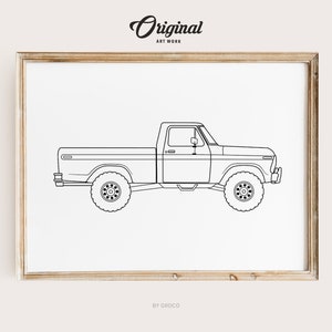Minimalist Line Art Vintage Truck Print, Boys Room Decor, Vintage Vehicle Collection, Original Retro Car Art, Transportation Line Art Themed