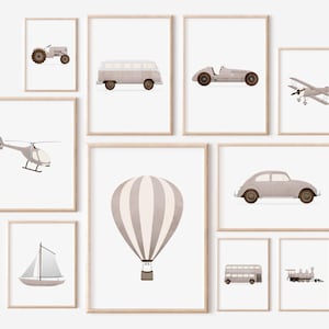Beige Vintage Transportation Prints, Boys Room Decor, Vintage Nursery Wall Art, Original Retro Car Art, Transportation Nursery Decor