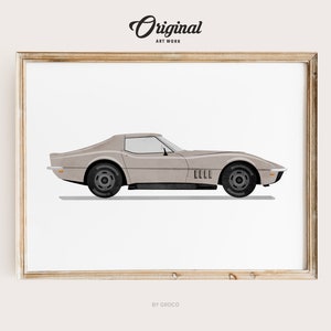 Taupe Beige Vintage Sports Car Print, Boys Room Decor, Vintage Vehicle Collection, Original Retro Car Art, Transportation Watercolor Themed