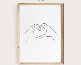 ミニマリストのカップルの手の線画、室内装飾、ミニマリストの線画プリント、カップルのプリント、ロマンチックなアートワーク、ラブライフウォールアート
