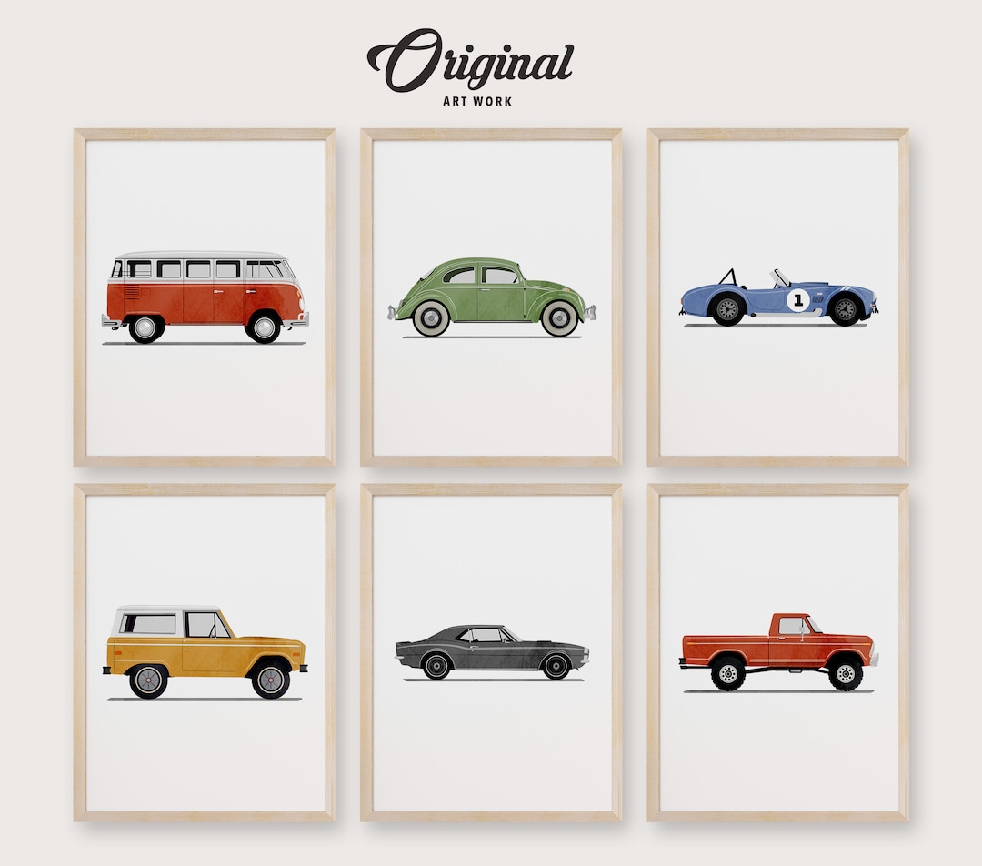 Cars Collection Print Set of 6 Vintage Vehicle Prints, Boys Room Decor, Vintage Vehicle ...