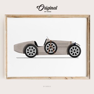 Taupe Beige Vintage Sports Car Print, Boys Room Decor, Vintage Vehicle Collection, Original Retro Car Art, Transportation Watercolor Themed